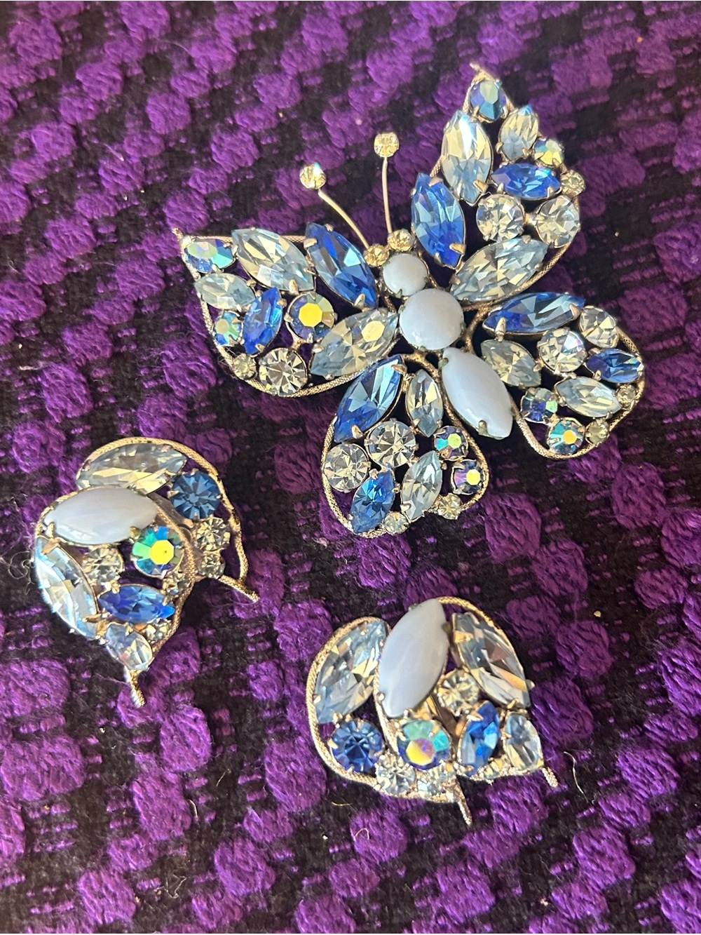 Vintage Blue Crystal Butterfly Brooch and Earring Set